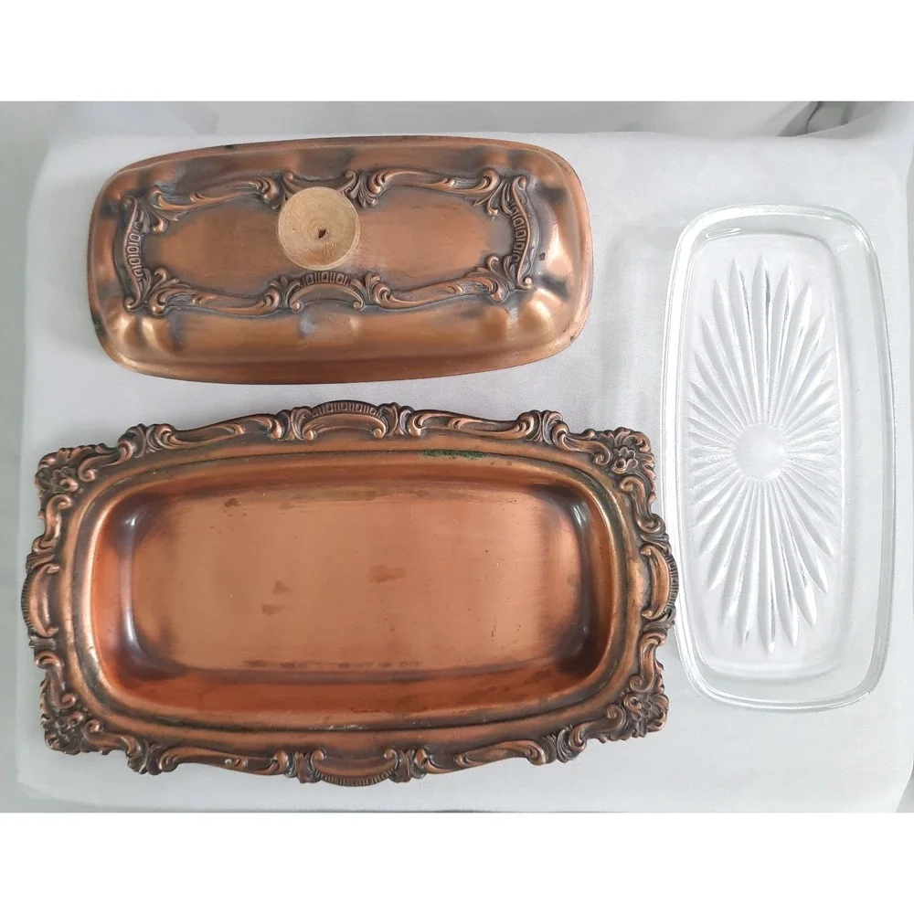 Vintage Copper Covered Butter Dish with Glass Insert Lid Ornate Cottagecore